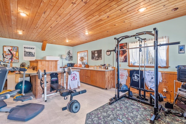 510 State Rd Unit 35, Centuria, WI 54024 - workout room featuring wood ceiling, recessed lighting, and light floors