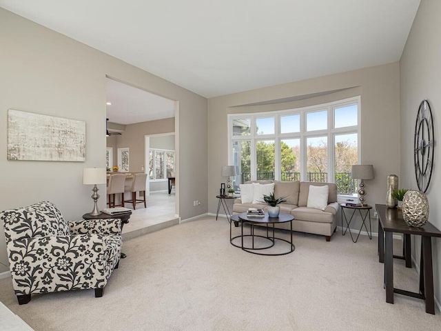 living area with carpet and baseboards
