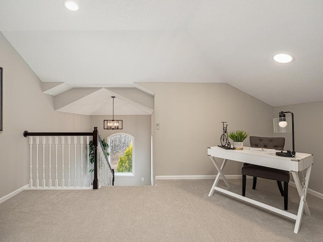 carpeted home office featuring baseboards, recessed lighting, a chandelier, and vaulted ceiling