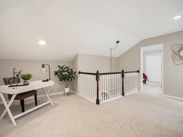 office area with light colored carpet, recessed lighting, vaulted ceiling, and baseboards