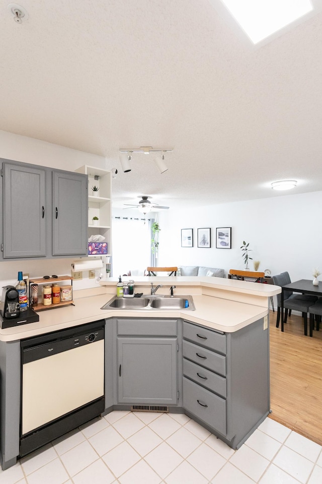 2225 Ranchview Ln N Unit 9, Plymouth, MN 55447 - kitchen with white dishwasher, gray cabinetry, a peninsula, light countertops, and a ceiling fan