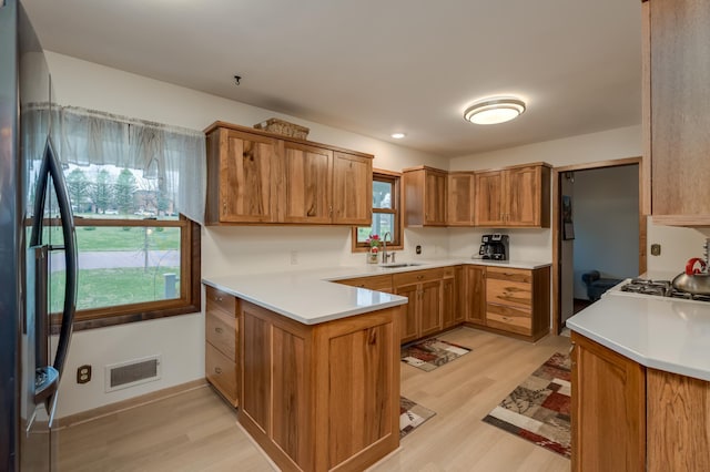 829 Church St, Saint Peter, MN 56082 - kitchen featuring freestanding refrigerator, a peninsula, light wood-style floors, and light countertops