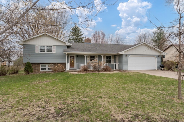 829 Church St, Saint Peter, MN 56082 - tri-level home with covered porch, an attached garage, a chimney, concrete driveway, and a front yard
