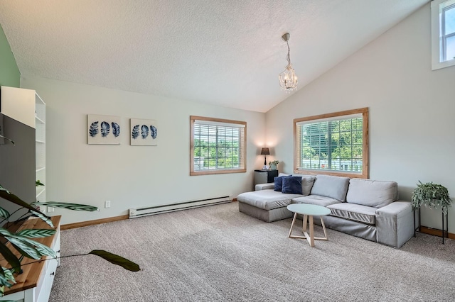 8 Queen Ave S, Minneapolis, MN 55405 - living area featuring a baseboard radiator, carpet, plenty of natural light, a chandelier, and vaulted ceiling
