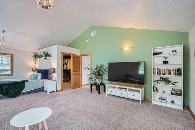 8 Queen Ave S, Minneapolis, MN 55405 - living room with a chandelier, lofted ceiling, carpet floors, and a textured ceiling