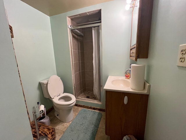 14879 Benson Rd, Grantsburg, WI 54840 - full bath featuring a stall shower, vanity, tile patterned floors, baseboards, and toilet