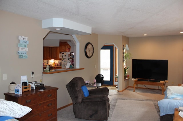 14879 Benson Rd, Grantsburg, WI 54840 - living area with baseboards, light carpet, and recessed lighting