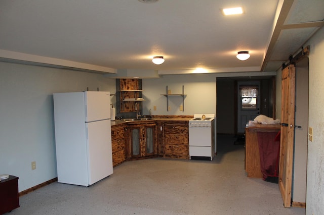 14879 Benson Rd, Grantsburg, WI 54840 - kitchen featuring open shelves, a barn door, a sink, baseboards, and white appliances
