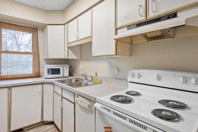 kitchen with a sink, white appliances, light countertops, white cabinetry, and under cabinet range hood