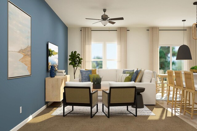 10213 Twin Lakes Pkwy NW, Elk River, MN 55330 - living area featuring a ceiling fan, carpet, and baseboards