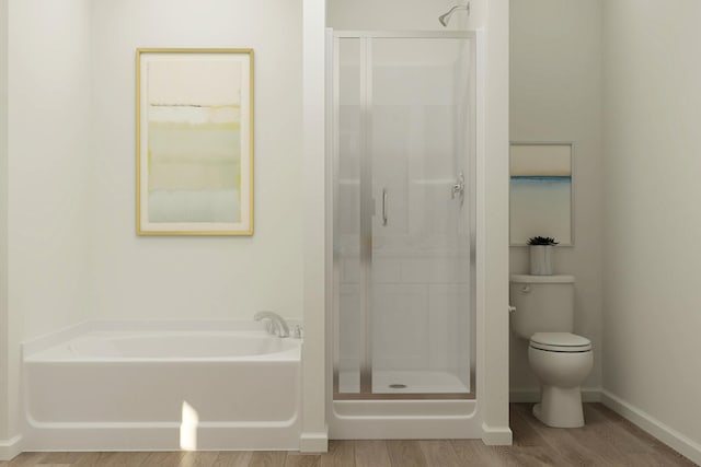 10213 Twin Lakes Pkwy NW, Elk River, MN 55330 - bathroom featuring a stall shower, toilet, a garden tub, wood finished floors, and baseboards