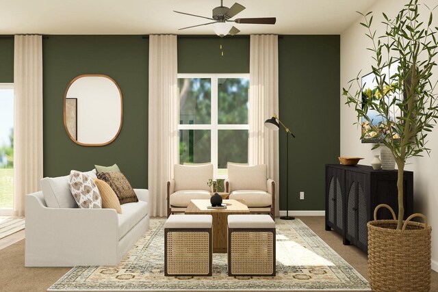 18766 Ivanhoe St NW, Elk River, MN 55330 - living room with a ceiling fan, carpet flooring, and baseboards