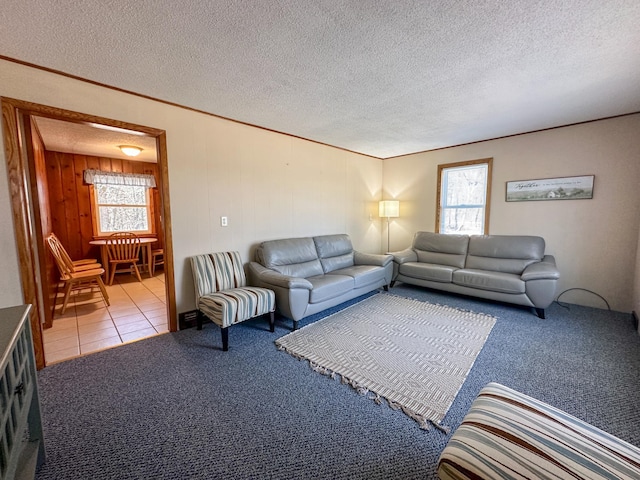 carpeted living room featuring tile patterned floors, a wealth of natural light, and a textured ceiling