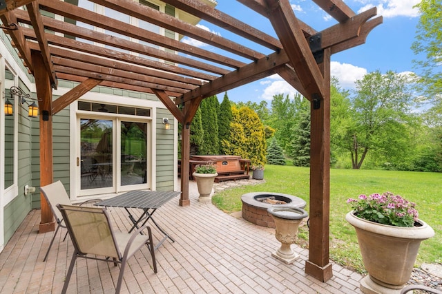 374 Indigo Trl, Troy Twp, WI 54022 - view of patio / terrace with a hot tub, a pergola, a fire pit, and a wooden deck