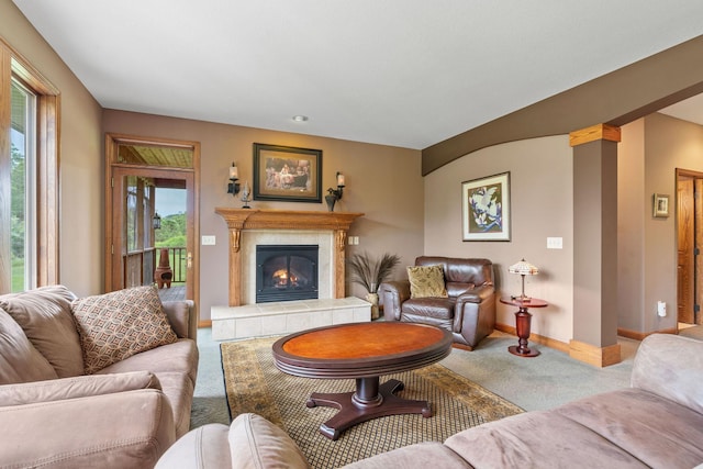 374 Indigo Trl, Troy Twp, WI 54022 - living room with carpet, baseboards, a tile fireplace, and recessed lighting