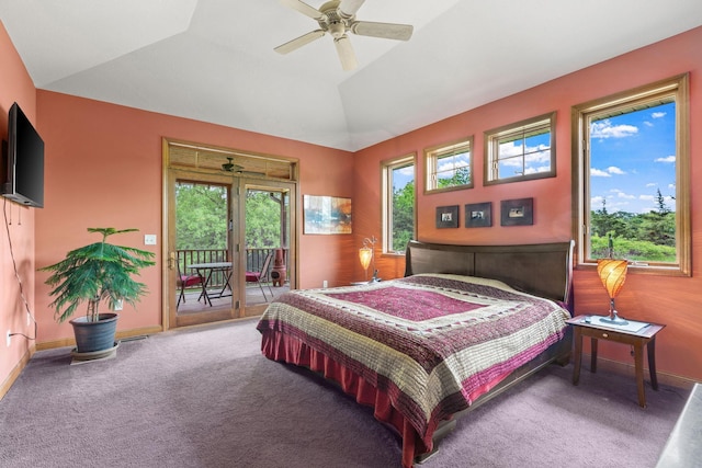 374 Indigo Trl, Troy Twp, WI 54022 - bedroom featuring access to exterior, carpet floors, vaulted ceiling, baseboards, and a ceiling fan