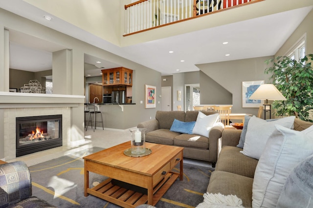 1760 Waterford Ct, Golden Valley, MN 55422 - carpeted living area with baseboards, recessed lighting, and a fireplace