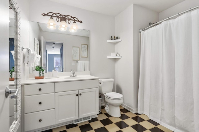 1760 Waterford Ct, Golden Valley, MN 55422 - bathroom with tile patterned floors, toilet, curtained shower, vanity, and visible vents