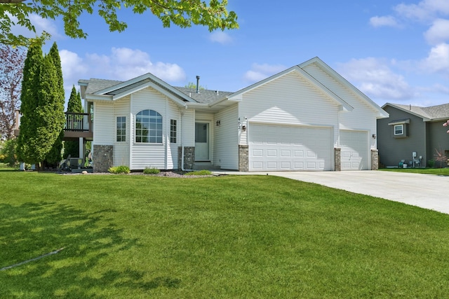 402 13th Ave NE, Buffalo, MN 55313 - view of front of home with an attached garage, concrete driveway, stone siding, and a front yard