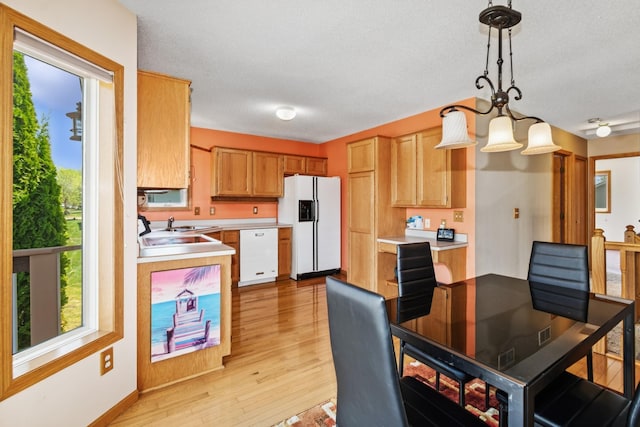 402 13th Ave NE, Buffalo, MN 55313 - kitchen featuring white appliances, light countertops, light wood finished floors, pendant lighting, and a textured ceiling