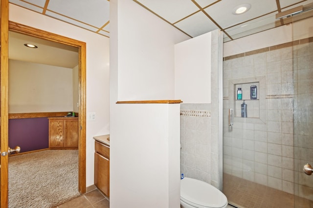 402 13th Ave NE, Buffalo, MN 55313 - bathroom with a shower stall, toilet, vanity, tile patterned flooring, and recessed lighting
