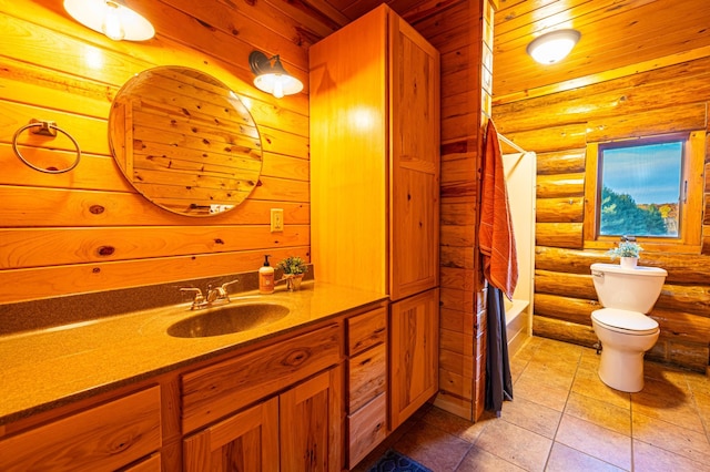 2374 320th St, Forest Twp, WI 54005 - full bathroom featuring wood ceiling, log walls, toilet, shower / bathtub combination with curtain, and vanity