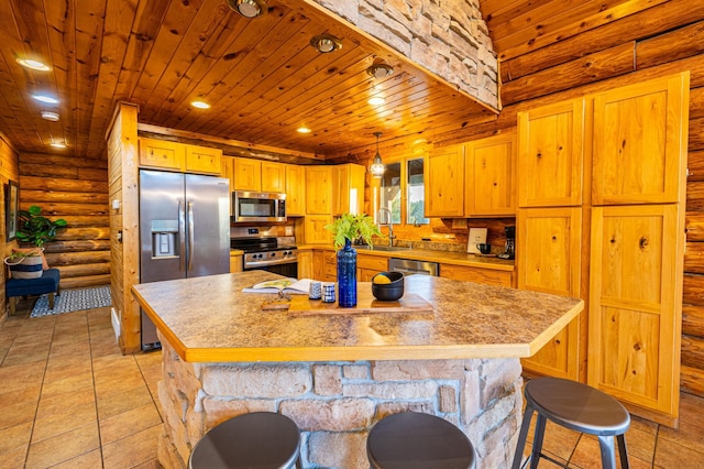 2374 320th St, Forest Twp, WI 54005 - kitchen with wooden ceiling, appliances with stainless steel finishes, log walls, and a sink