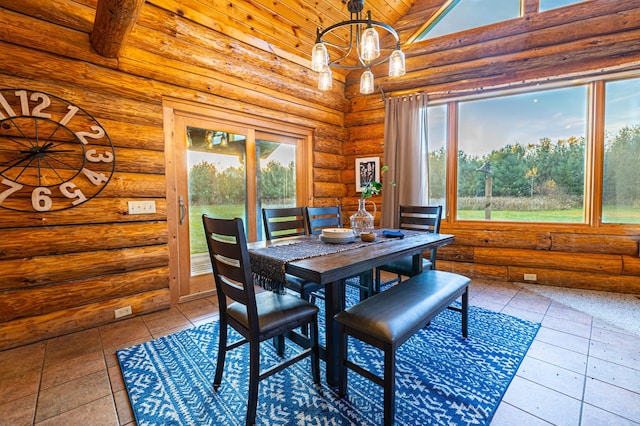 2374 320th St, Forest Twp, WI 54005 - tiled dining space featuring log walls, a chandelier, high vaulted ceiling, and wooden ceiling