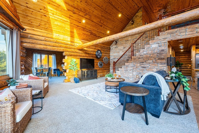 2374 320th St, Forest Twp, WI 54005 - living area featuring high vaulted ceiling, rustic walls, carpet floors, and wooden ceiling