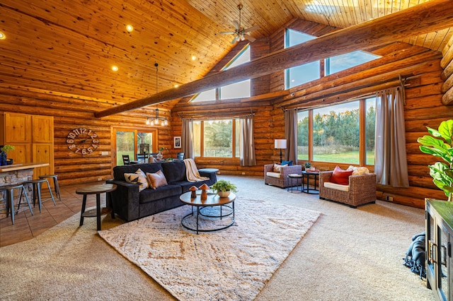 2374 320th St, Forest Twp, WI 54005 - carpeted living room featuring a ceiling fan, high vaulted ceiling, wooden ceiling, and log walls