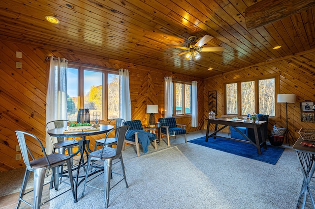 2374 320th St, Forest Twp, WI 54005 - interior space featuring ceiling fan, wood walls, carpet, and wood ceiling