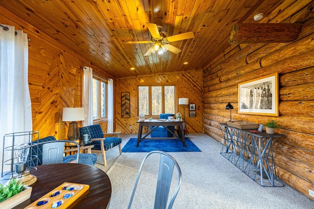 2374 320th St, Forest Twp, WI 54005 - rec room featuring wood ceiling, log walls, ceiling fan, and carpet flooring