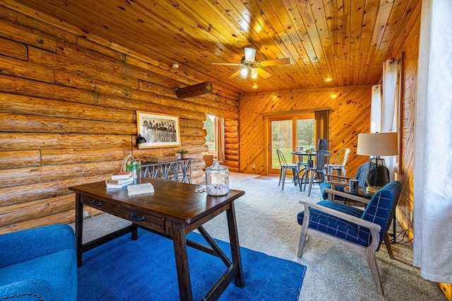 2374 320th St, Forest Twp, WI 54005 - carpeted office featuring a ceiling fan, wooden ceiling, and log walls
