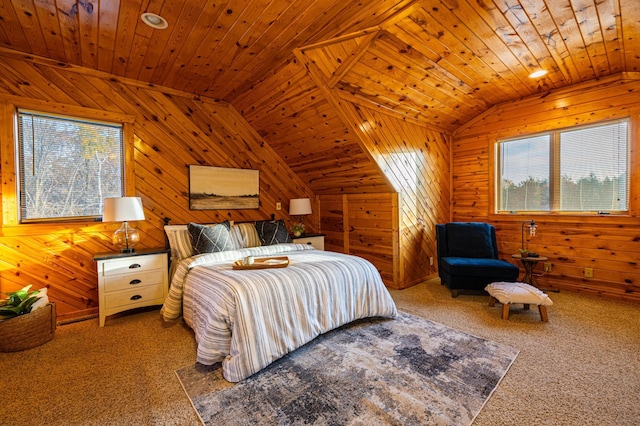 2374 320th St, Forest Twp, WI 54005 - bedroom featuring wood walls, carpet flooring, lofted ceiling, and wooden ceiling
