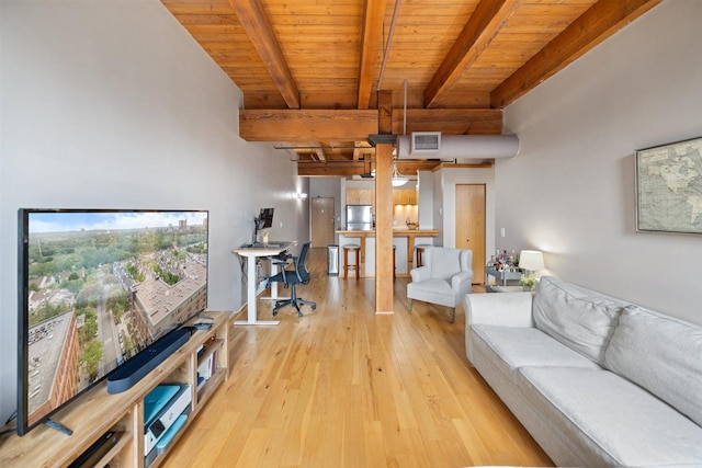 living room with beam ceiling, wood ceiling, a desk, and light wood-style floors