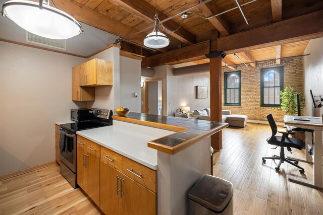 kitchen featuring appliances with stainless steel finishes, wooden ceiling, a peninsula, open floor plan, and light wood-type flooring