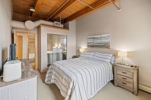 carpeted bedroom with wood ceiling, beamed ceiling, baseboard heating, and a closet