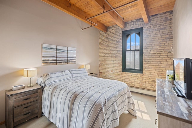 bedroom featuring wood ceiling, brick wall, a baseboard radiator, carpet floors, and beamed ceiling