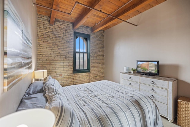 bedroom featuring wooden ceiling, brick wall, and beamed ceiling