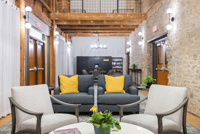 community lobby with beam ceiling