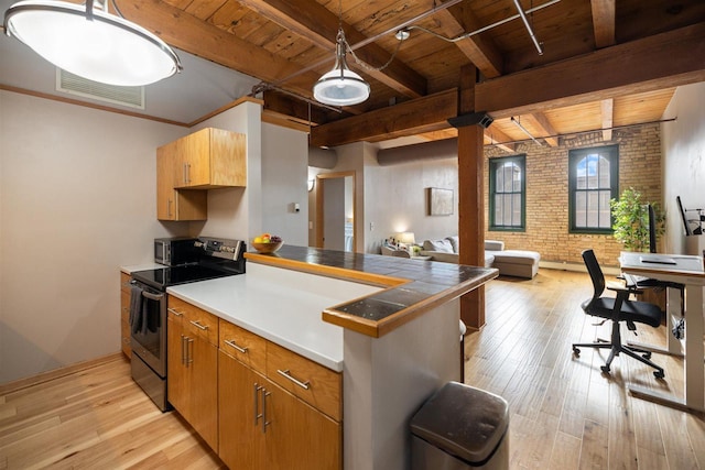 400 1st St Unit 507, Minneapolis, MN 55401 - kitchen with stainless steel electric stove, a wooden ceiling with exposed beams, a peninsula, light wood-style flooring, and open floor plan