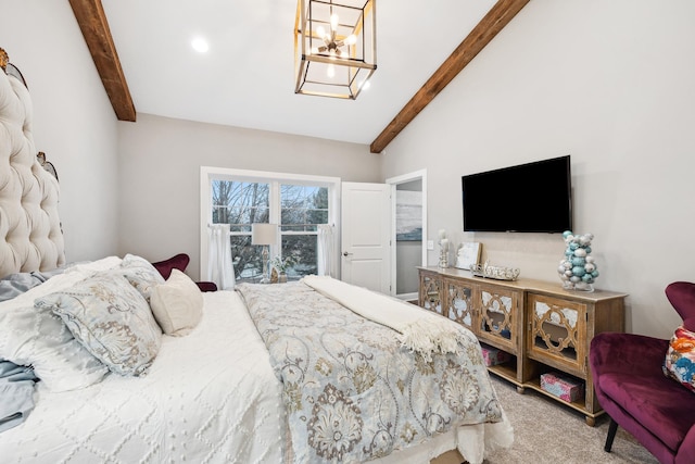 carpeted bedroom with lofted ceiling with beams and a notable chandelier