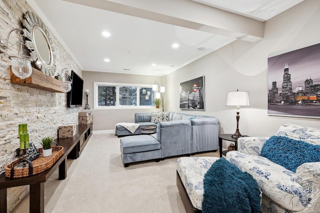 living room with ornamental molding, recessed lighting, light colored carpet, and baseboards