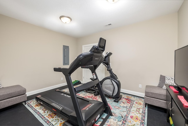 workout room with visible vents, electric panel, and baseboards