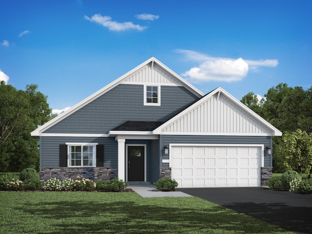 view of front of home with a garage, board and batten siding, a front lawn, and stone siding