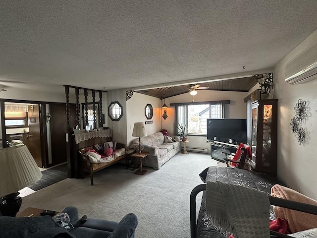 living room featuring baseboard heating, carpet floors, a textured ceiling, and an AC wall unit