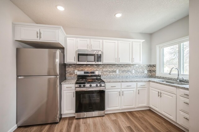 kitchen featuring a textured ceiling, appliances with stainless steel finishes, tasteful backsplash, a sink, and white cabinets