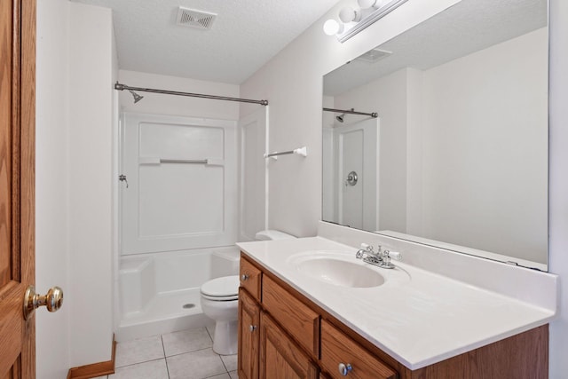 full bath featuring tile patterned flooring, visible vents, vanity, toilet, and walk in shower