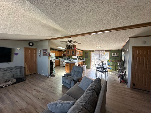 living area with a textured ceiling, ceiling fan, light wood finished floors, and vaulted ceiling