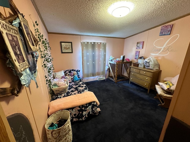 carpeted bedroom featuring a textured ceiling and crown molding